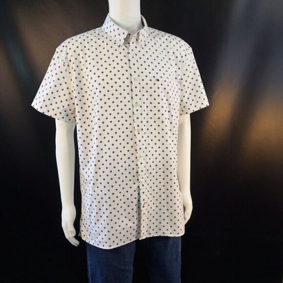 Tommy Hilfiger Mens XXL Shirt White Blue Abstract Print Slim Fit Short Sleeve - Picture 5 of 9